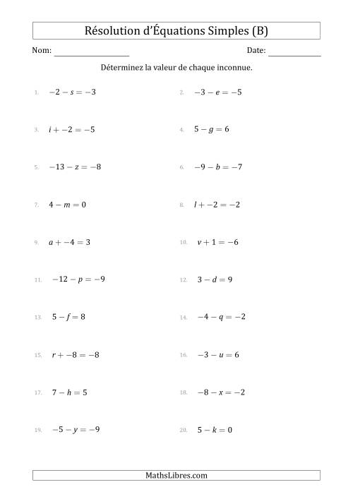 Résolution d'Équations Simples Linéaires avec des Valeurs de -9 à 9 (Inconnue à Gauche de l'Égalité) (B)