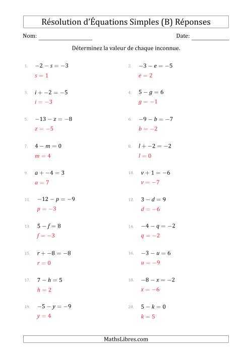 Résolution d'Équations Simples Linéaires avec des Valeurs de -9 à 9 (Inconnue à Gauche de l'Égalité) (B) page 2