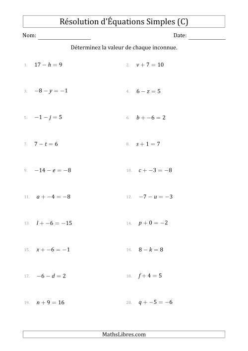 Résolution d'Équations Simples Linéaires avec des Valeurs de -9 à 9 (Inconnue à Gauche de l'Égalité) (C)