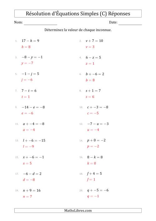 Résolution d'Équations Simples Linéaires avec des Valeurs de -9 à 9 (Inconnue à Gauche de l'Égalité) (C) page 2