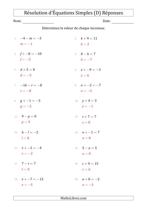 Résolution d'Équations Simples Linéaires avec des Valeurs de -9 à 9 (Inconnue à Gauche de l'Égalité) (D) page 2