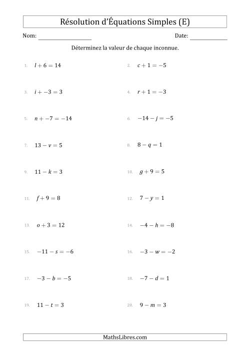Résolution d'Équations Simples Linéaires avec des Valeurs de -9 à 9 (Inconnue à Gauche de l'Égalité) (E)
