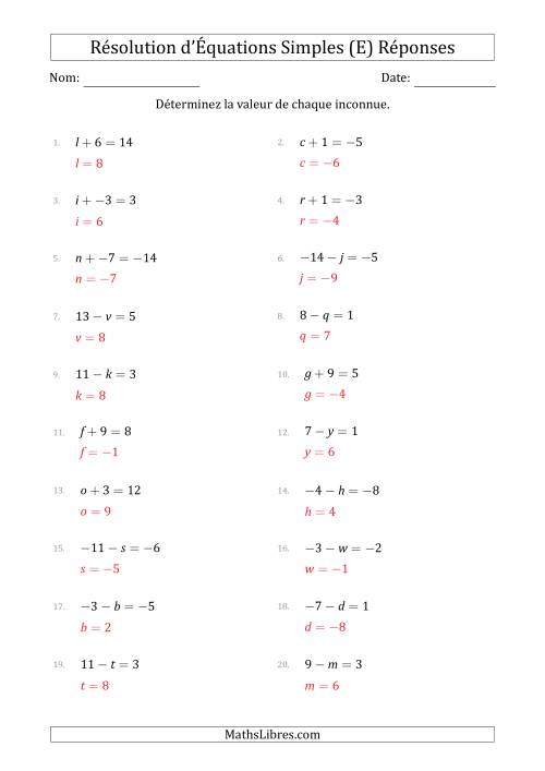 Résolution d'Équations Simples Linéaires avec des Valeurs de -9 à 9 (Inconnue à Gauche de l'Égalité) (E) page 2