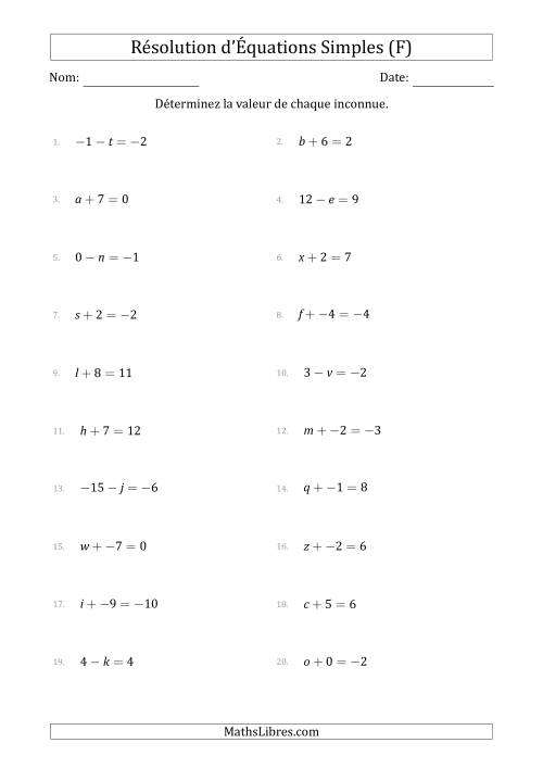Résolution d'Équations Simples Linéaires avec des Valeurs de -9 à 9 (Inconnue à Gauche de l'Égalité) (F)