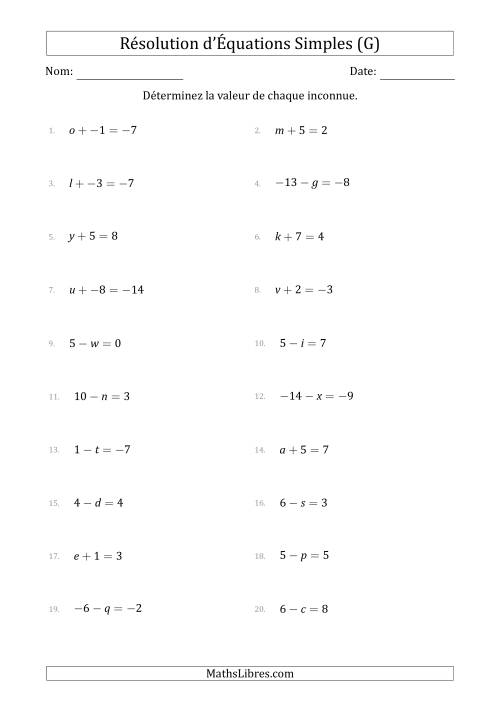 Résolution d'Équations Simples Linéaires avec des Valeurs de -9 à 9 (Inconnue à Gauche de l'Égalité) (G)