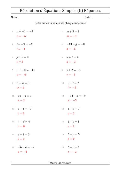 Résolution d'Équations Simples Linéaires avec des Valeurs de -9 à 9 (Inconnue à Gauche de l'Égalité) (G) page 2