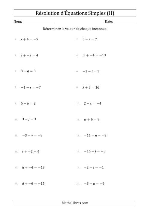 Résolution d'Équations Simples Linéaires avec des Valeurs de -9 à 9 (Inconnue à Gauche de l'Égalité) (H)