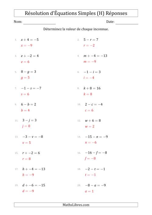 Résolution d'Équations Simples Linéaires avec des Valeurs de -9 à 9 (Inconnue à Gauche de l'Égalité) (H) page 2
