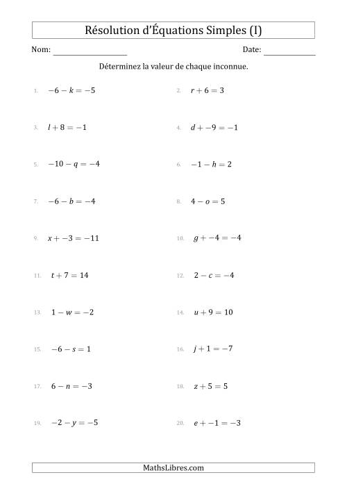 Résolution d'Équations Simples Linéaires avec des Valeurs de -9 à 9 (Inconnue à Gauche de l'Égalité) (I)