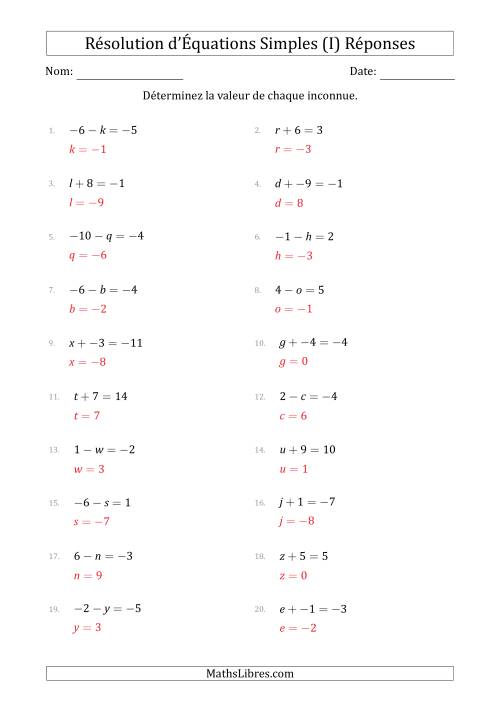 Résolution d'Équations Simples Linéaires avec des Valeurs de -9 à 9 (Inconnue à Gauche de l'Égalité) (I) page 2