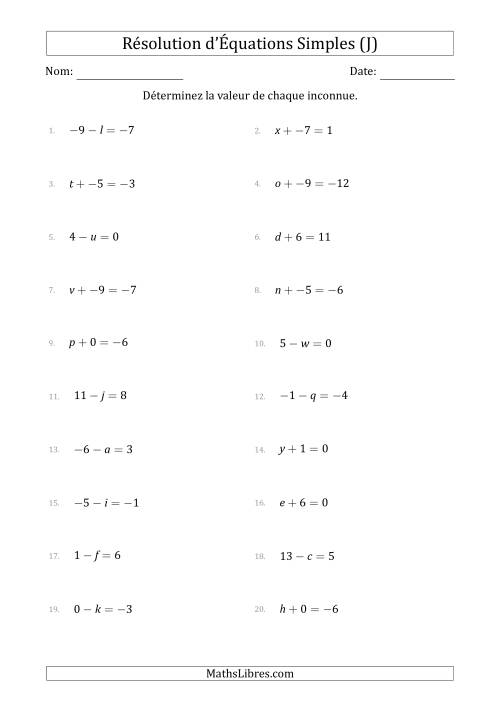 Résolution d'Équations Simples Linéaires avec des Valeurs de -9 à 9 (Inconnue à Gauche de l'Égalité) (J)
