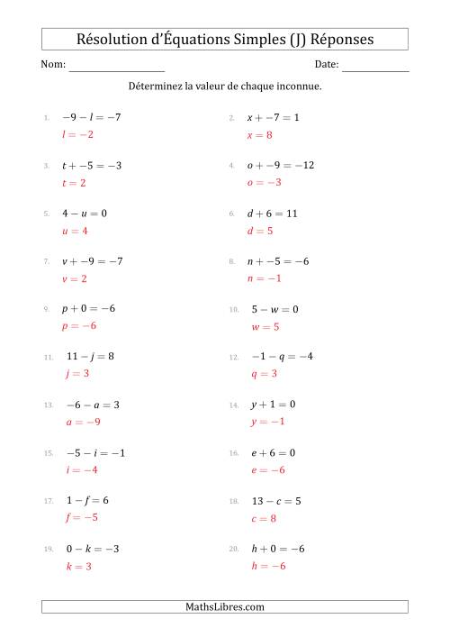 Résolution d'Équations Simples Linéaires avec des Valeurs de -9 à 9 (Inconnue à Gauche de l'Égalité) (J) page 2
