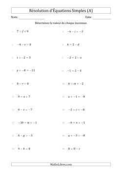 Résolution d'Équations Simples Linéaires avec des Valeurs de -9 à 9 (Inconnue à Gauche ou à droite de l'Égalité)