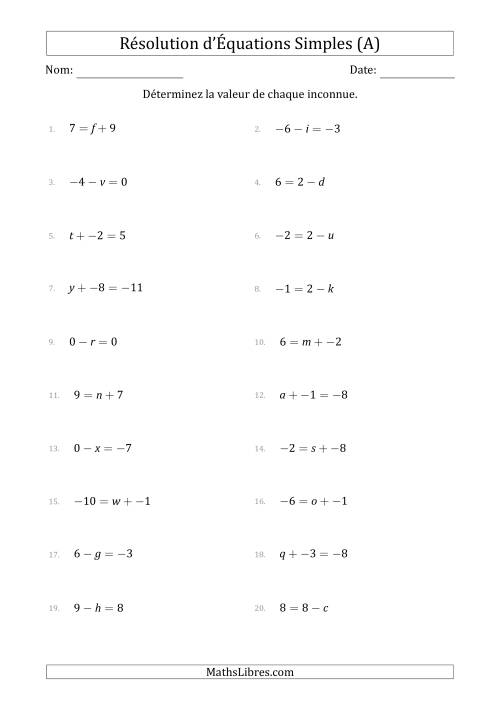 Résolution d'Équations Simples Linéaires avec des Valeurs de -9 à 9 (Inconnue à Gauche ou à droite de l'Égalité) (A)