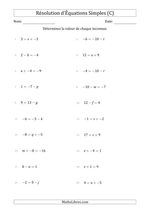 Résolution d'Équations Simples Linéaires avec des Valeurs de -9 à 9 (Inconnue à Gauche ou à droite de l'Égalité) (C)