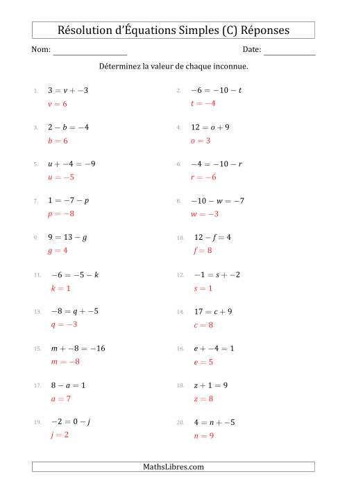 Résolution d'Équations Simples Linéaires avec des Valeurs de -9 à 9 (Inconnue à Gauche ou à droite de l'Égalité) (C) page 2