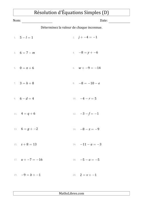 Résolution d'Équations Simples Linéaires avec des Valeurs de -9 à 9 (Inconnue à Gauche ou à droite de l'Égalité) (D)