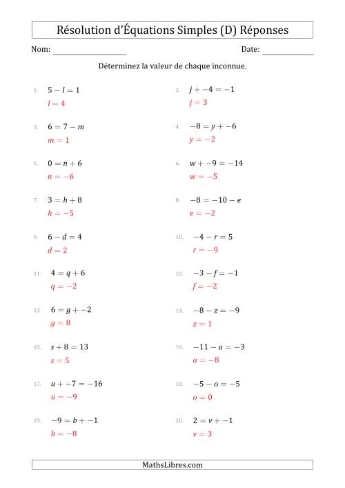 Résolution d'Équations Simples Linéaires avec des Valeurs de -9 à 9 (Inconnue à Gauche ou à droite de l'Égalité) (D) page 2