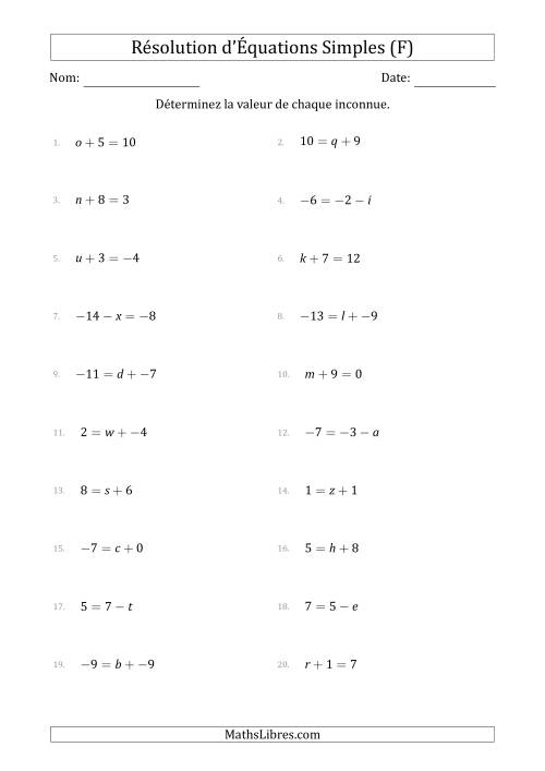 Résolution d'Équations Simples Linéaires avec des Valeurs de -9 à 9 (Inconnue à Gauche ou à droite de l'Égalité) (F)