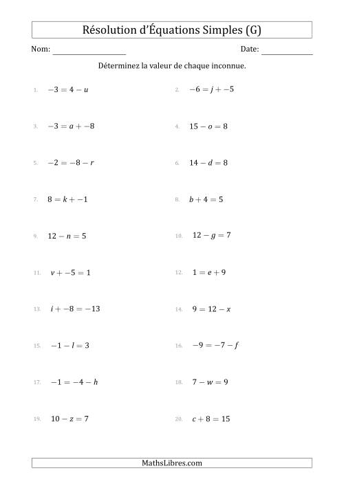 Résolution d'Équations Simples Linéaires avec des Valeurs de -9 à 9 (Inconnue à Gauche ou à droite de l'Égalité) (G)