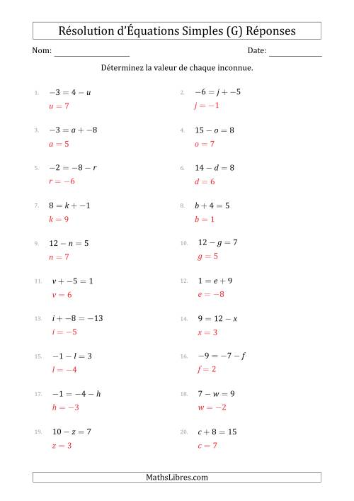 Résolution d'Équations Simples Linéaires avec des Valeurs de -9 à 9 (Inconnue à Gauche ou à droite de l'Égalité) (G) page 2