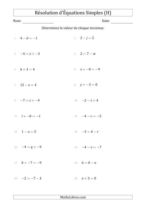 Résolution d'Équations Simples Linéaires avec des Valeurs de -9 à 9 (Inconnue à Gauche ou à droite de l'Égalité) (H)