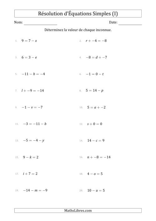 Résolution d'Équations Simples Linéaires avec des Valeurs de -9 à 9 (Inconnue à Gauche ou à droite de l'Égalité) (I)