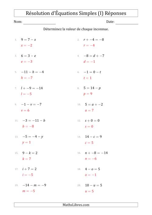 Résolution d'Équations Simples Linéaires avec des Valeurs de -9 à 9 (Inconnue à Gauche ou à droite de l'Égalité) (I) page 2