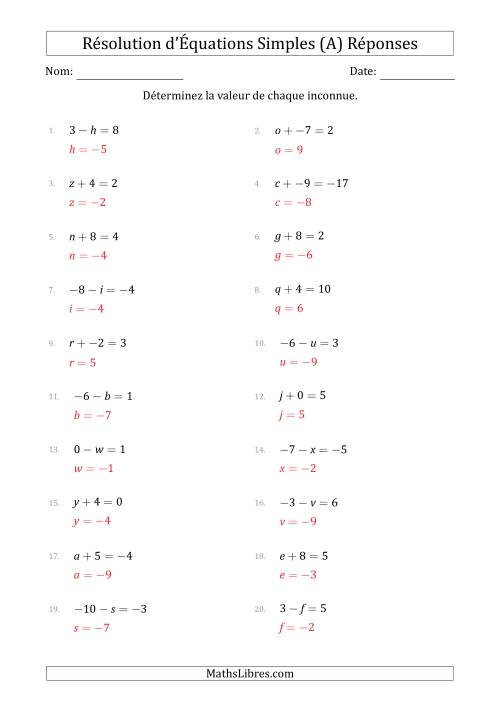 Résolution d'Équations Simples Linéaires avec des Valeurs de -9 à 9 (Inconnue à Gauche de l'Égalité) (Tout) page 2
