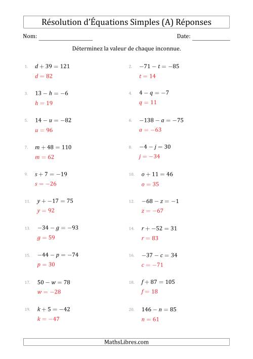 Résolution d'Équations Simples Linéaires avec des Valeurs de -99 à 99 (Inconnue à Gauche de l'Égalité) (A) page 2