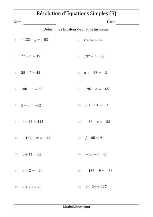 Résolution d'Équations Simples Linéaires avec des Valeurs de -99 à 99 (Inconnue à Gauche de l'Égalité) (B)