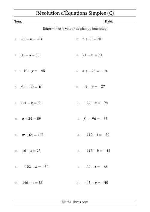 Résolution d'Équations Simples Linéaires avec des Valeurs de -99 à 99 (Inconnue à Gauche de l'Égalité) (C)