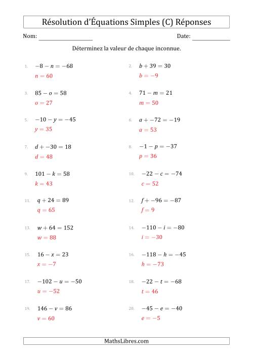 Résolution d'Équations Simples Linéaires avec des Valeurs de -99 à 99 (Inconnue à Gauche de l'Égalité) (C) page 2
