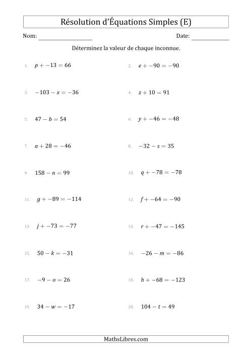 Résolution d'Équations Simples Linéaires avec des Valeurs de -99 à 99 (Inconnue à Gauche de l'Égalité) (E)