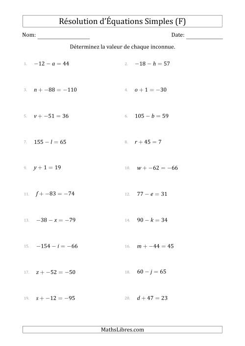 Résolution d'Équations Simples Linéaires avec des Valeurs de -99 à 99 (Inconnue à Gauche de l'Égalité) (F)