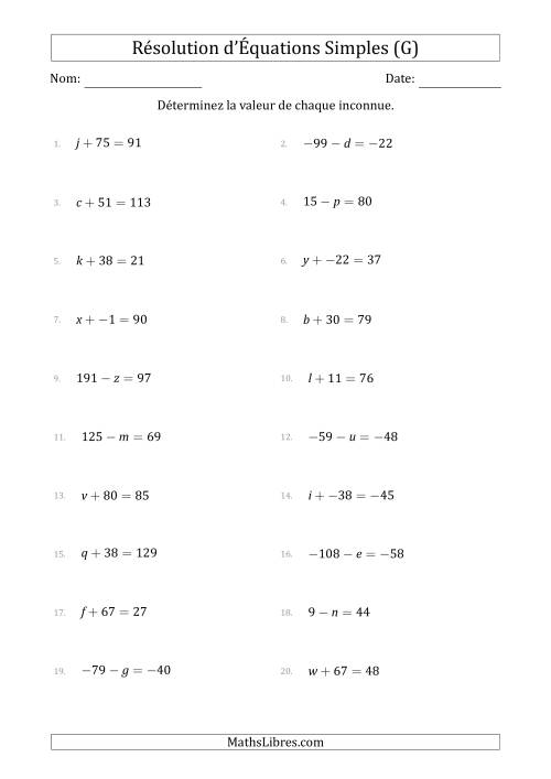 Résolution d'Équations Simples Linéaires avec des Valeurs de -99 à 99 (Inconnue à Gauche de l'Égalité) (G)