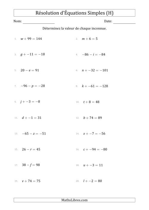 Résolution d'Équations Simples Linéaires avec des Valeurs de -99 à 99 (Inconnue à Gauche de l'Égalité) (H)