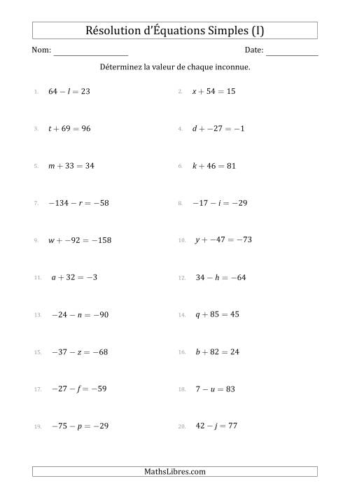 Résolution d'Équations Simples Linéaires avec des Valeurs de -99 à 99 (Inconnue à Gauche de l'Égalité) (I)