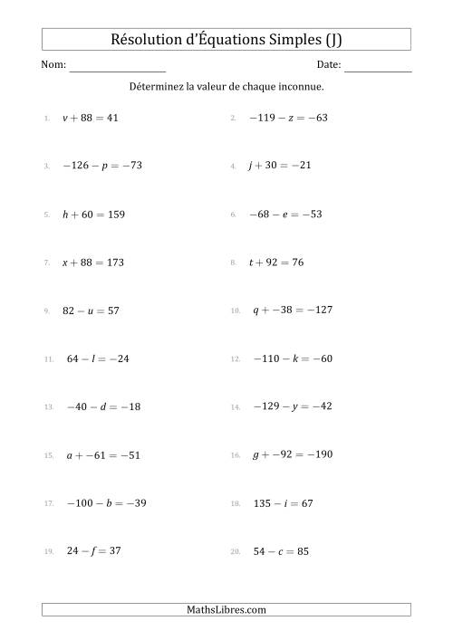 Résolution d'Équations Simples Linéaires avec des Valeurs de -99 à 99 (Inconnue à Gauche de l'Égalité) (J)