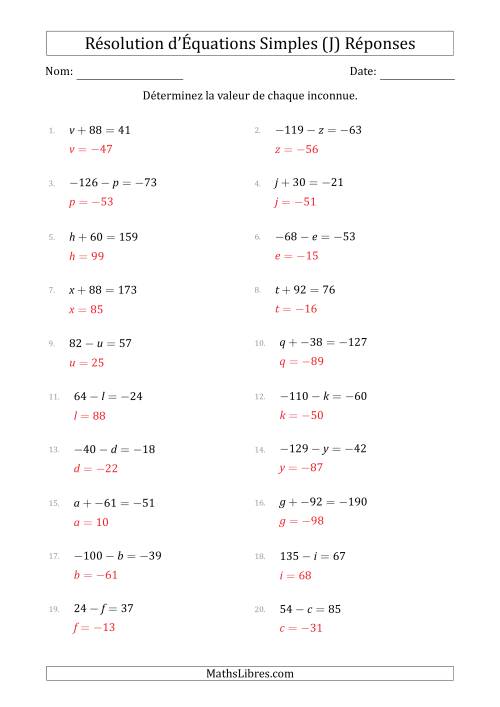 Résolution d'Équations Simples Linéaires avec des Valeurs de -99 à 99 (Inconnue à Gauche de l'Égalité) (J) page 2