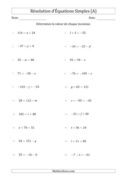 Résolution d'Équations Simples Linéaires avec des Valeurs de -99 à 99 (Inconnue à Gauche ou à droite de l'Égalité) (A)
