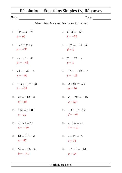 Résolution d'Équations Simples Linéaires avec des Valeurs de -99 à 99 (Inconnue à Gauche ou à droite de l'Égalité) (A) page 2
