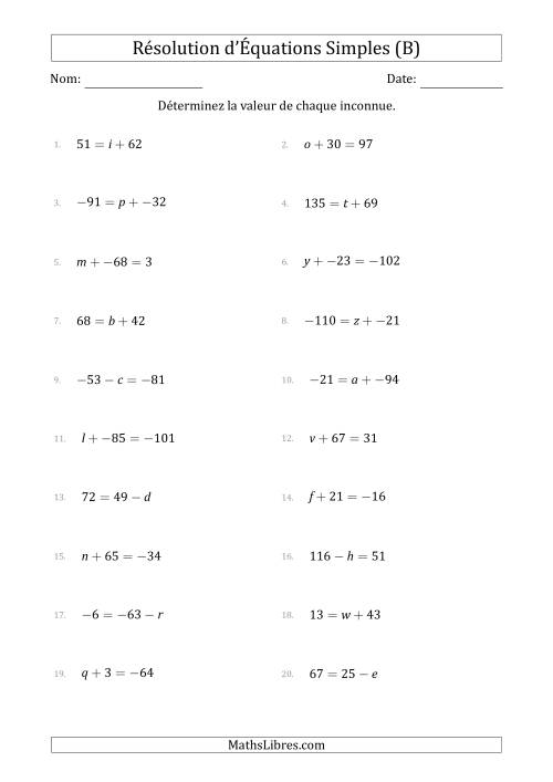 Résolution d'Équations Simples Linéaires avec des Valeurs de -99 à 99 (Inconnue à Gauche ou à droite de l'Égalité) (B)