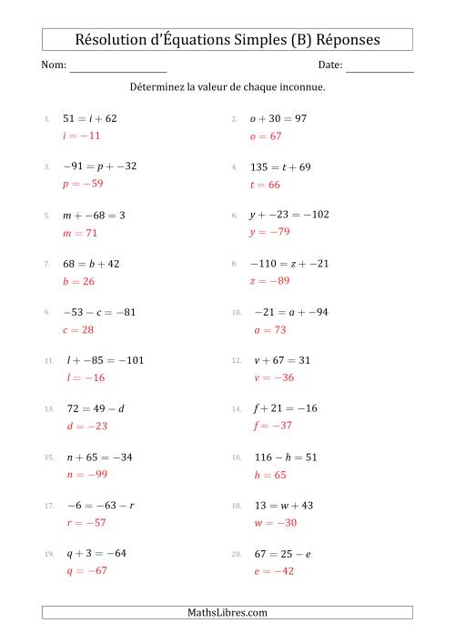 Résolution d'Équations Simples Linéaires avec des Valeurs de -99 à 99 (Inconnue à Gauche ou à droite de l'Égalité) (B) page 2