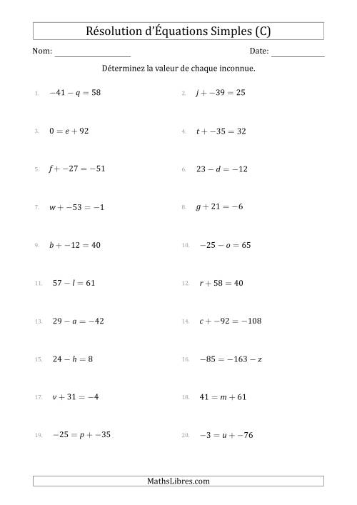 Résolution d'Équations Simples Linéaires avec des Valeurs de -99 à 99 (Inconnue à Gauche ou à droite de l'Égalité) (C)