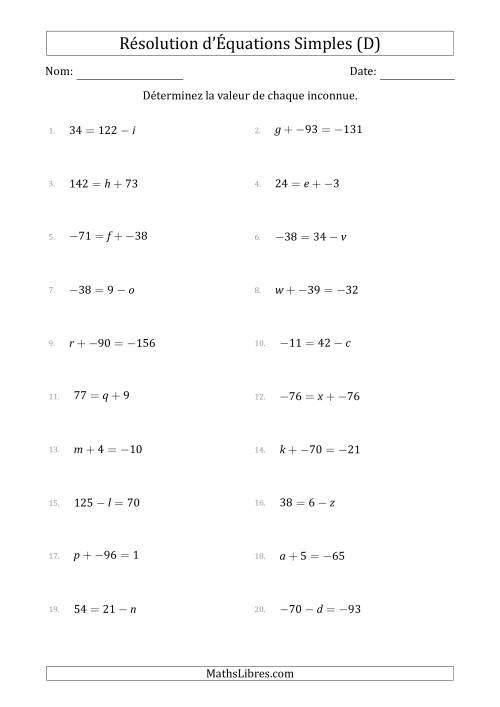 Résolution d'Équations Simples Linéaires avec des Valeurs de -99 à 99 (Inconnue à Gauche ou à droite de l'Égalité) (D)