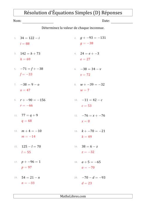 Résolution d'Équations Simples Linéaires avec des Valeurs de -99 à 99 (Inconnue à Gauche ou à droite de l'Égalité) (D) page 2