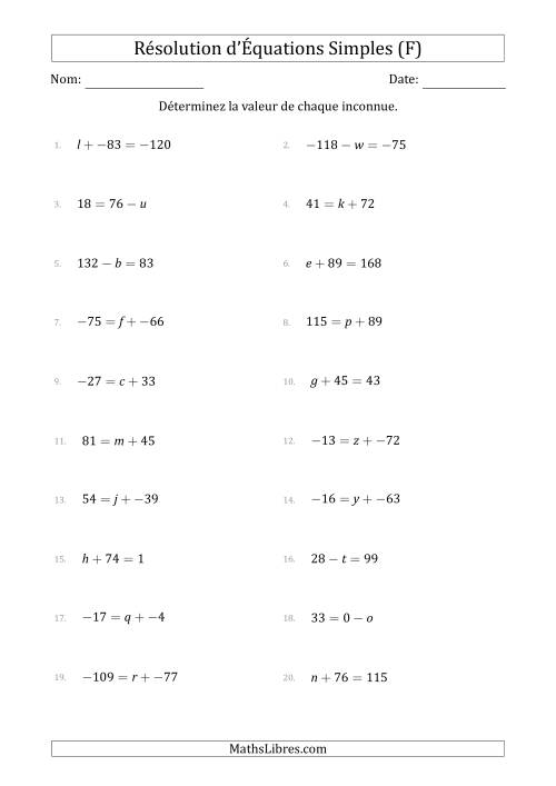 Résolution d'Équations Simples Linéaires avec des Valeurs de -99 à 99 (Inconnue à Gauche ou à droite de l'Égalité) (F)