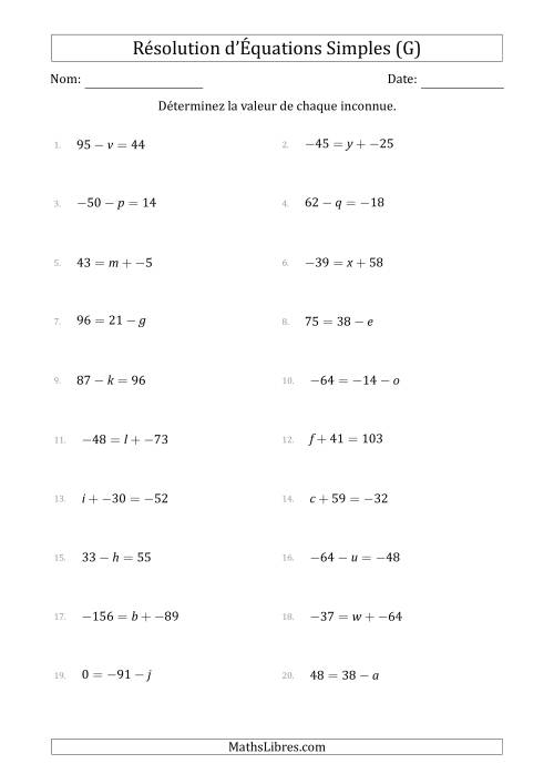 Résolution d'Équations Simples Linéaires avec des Valeurs de -99 à 99 (Inconnue à Gauche ou à droite de l'Égalité) (G)
