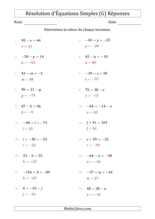Résolution d'Équations Simples Linéaires avec des Valeurs de -99 à 99 (Inconnue à Gauche ou à droite de l'Égalité) (G) page 2